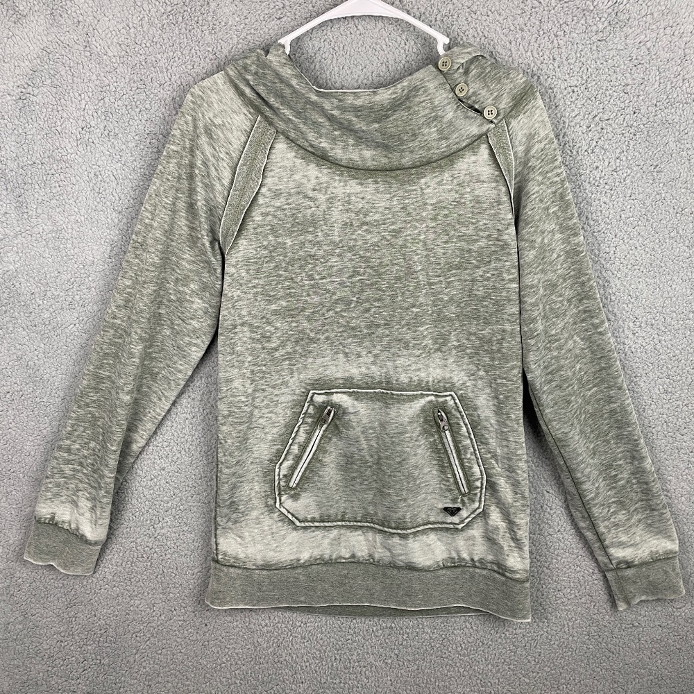 ROXY Hoodie Womens XL Gray Faded L/S Cowl Neck Button Zip Pocket Surf Beach